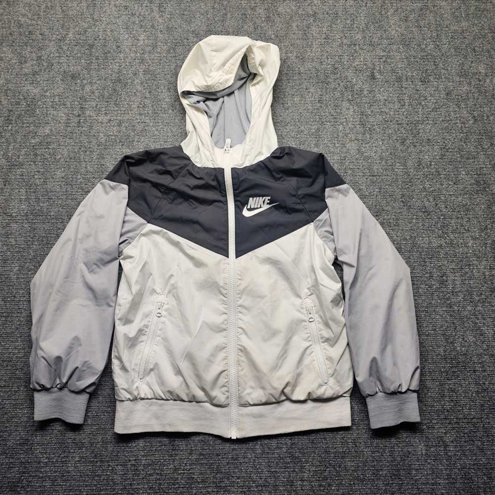 Nike Boys Windrunner Jacket S Gray Black White Hooded Full Zip Windbreaker